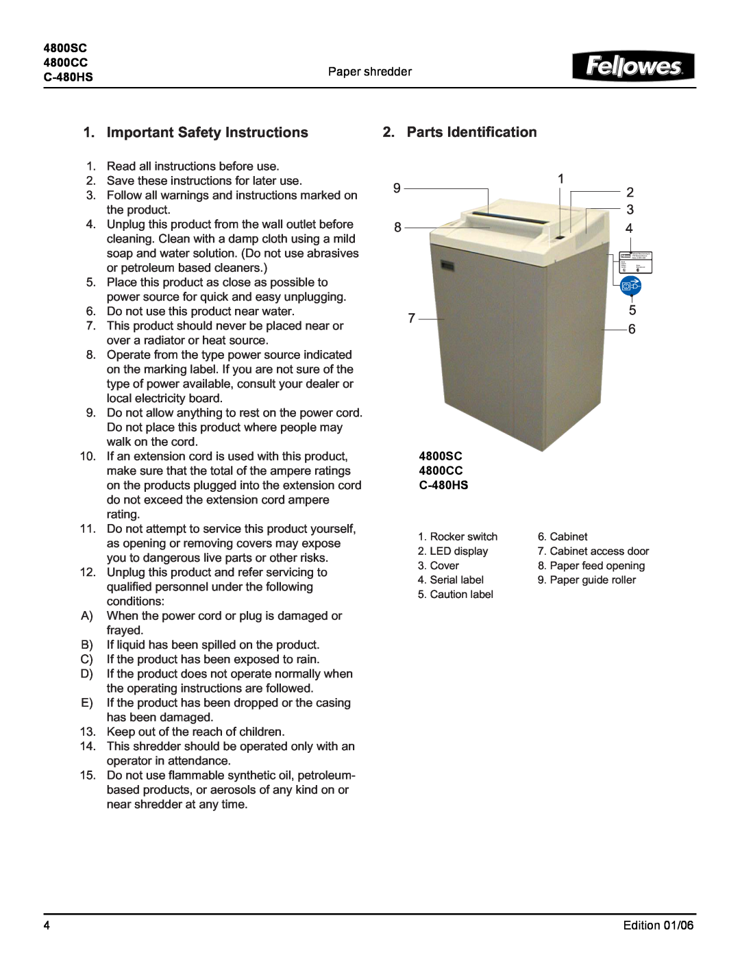 Fellowes 4800CC manual Important Safety Instructions, Parts Identification, 4800SC, Paper shredder, C-480HS 