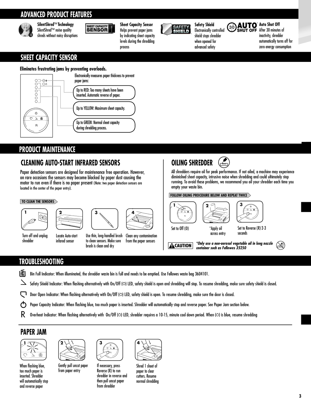 Fellowes 4850C/4850S manual Sheet Capacity Sensor, Product Maintenance, Oiling Shredder, Troubleshooting 