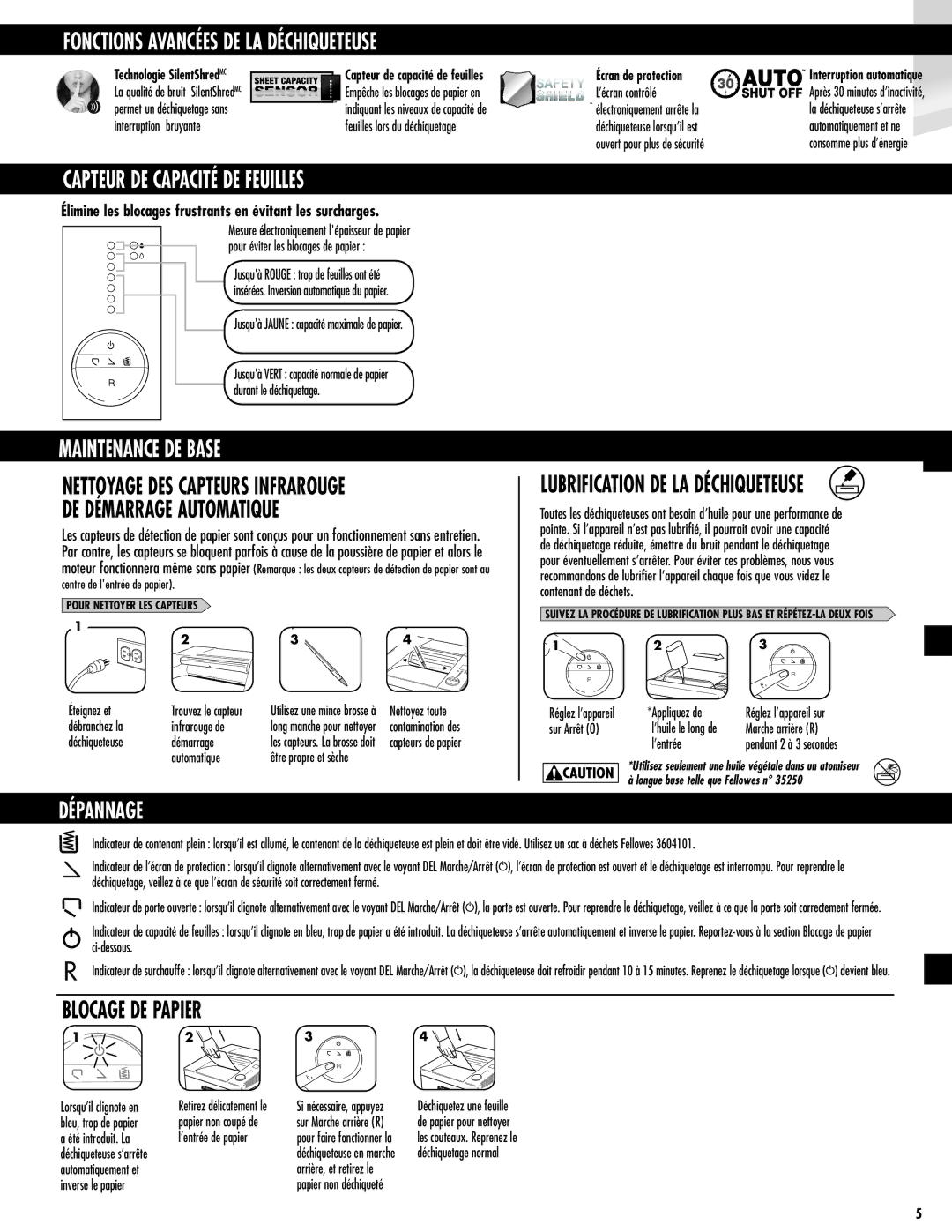 Fellowes 4850C/4850S manual Capteur DE Capacité DE Feuilles, Maintenance DE Base, DE Démarrage Automatique, Dépannage 