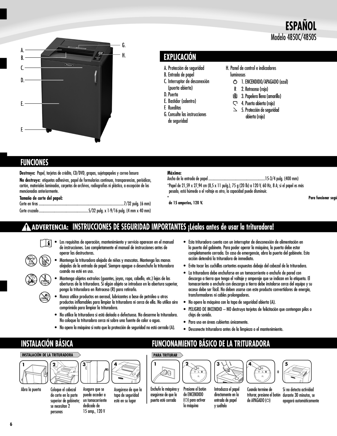 Fellowes manual Español, Explicación, Modelo 4850C/4850S, Funciones, Instalación Básica 