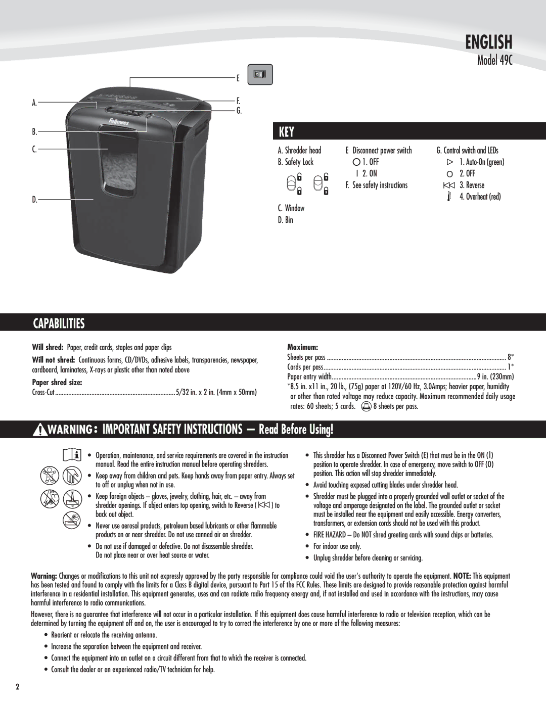 Fellowes 49C manual English, Key, Capabilities, Paper shred size, Maximum 