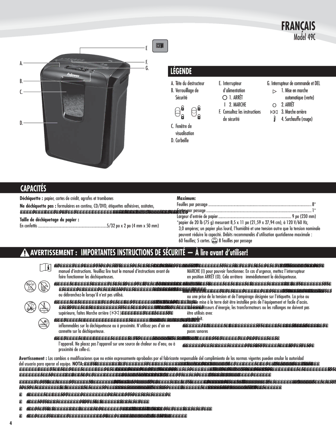 Fellowes 49C manual Français, Légende, Capacités, Taille de déchiquetage du papier 