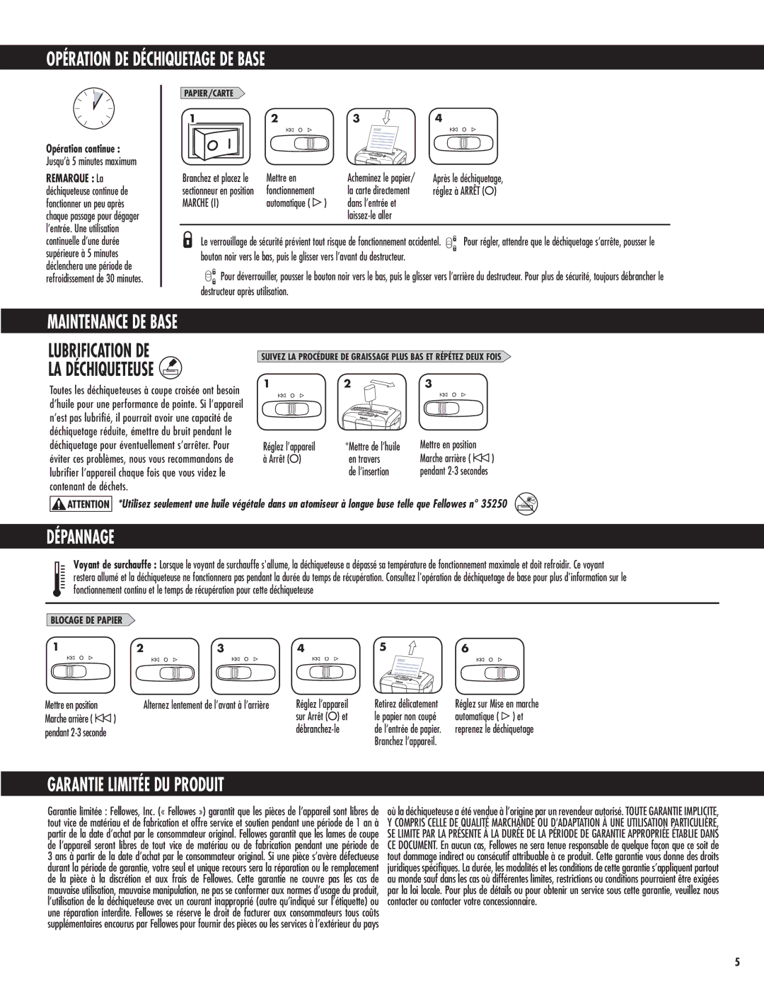 Fellowes 49C manual Opération DE Déchiquetage DE Base, Maintenance DE Base, Dépannage, Garantie Limitée DU Produit 