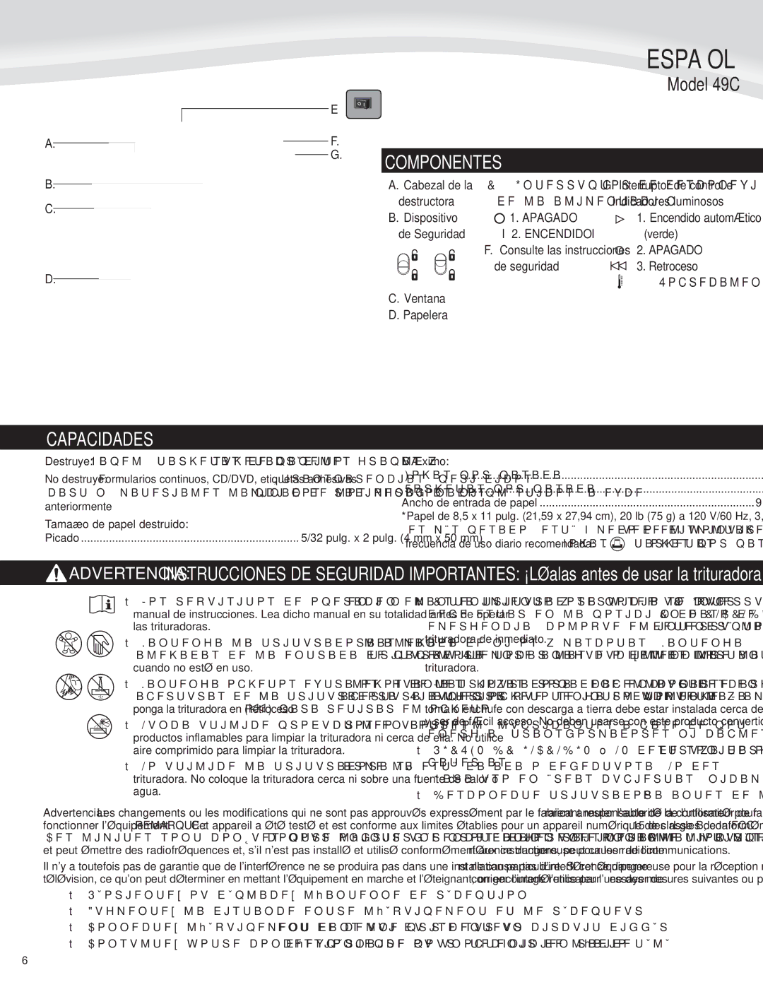 Fellowes 49C manual Español, Componentes, Capacidades, Tamaño de papel destruido, Máximo 