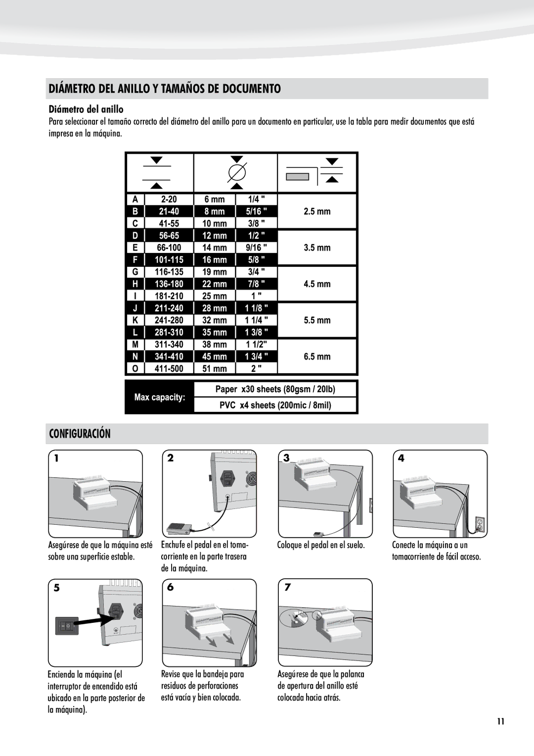 Fellowes 500 manual Diámetro DEL Anillo Y Tamaños DE Documento, Configuración, Diámetro del anillo 