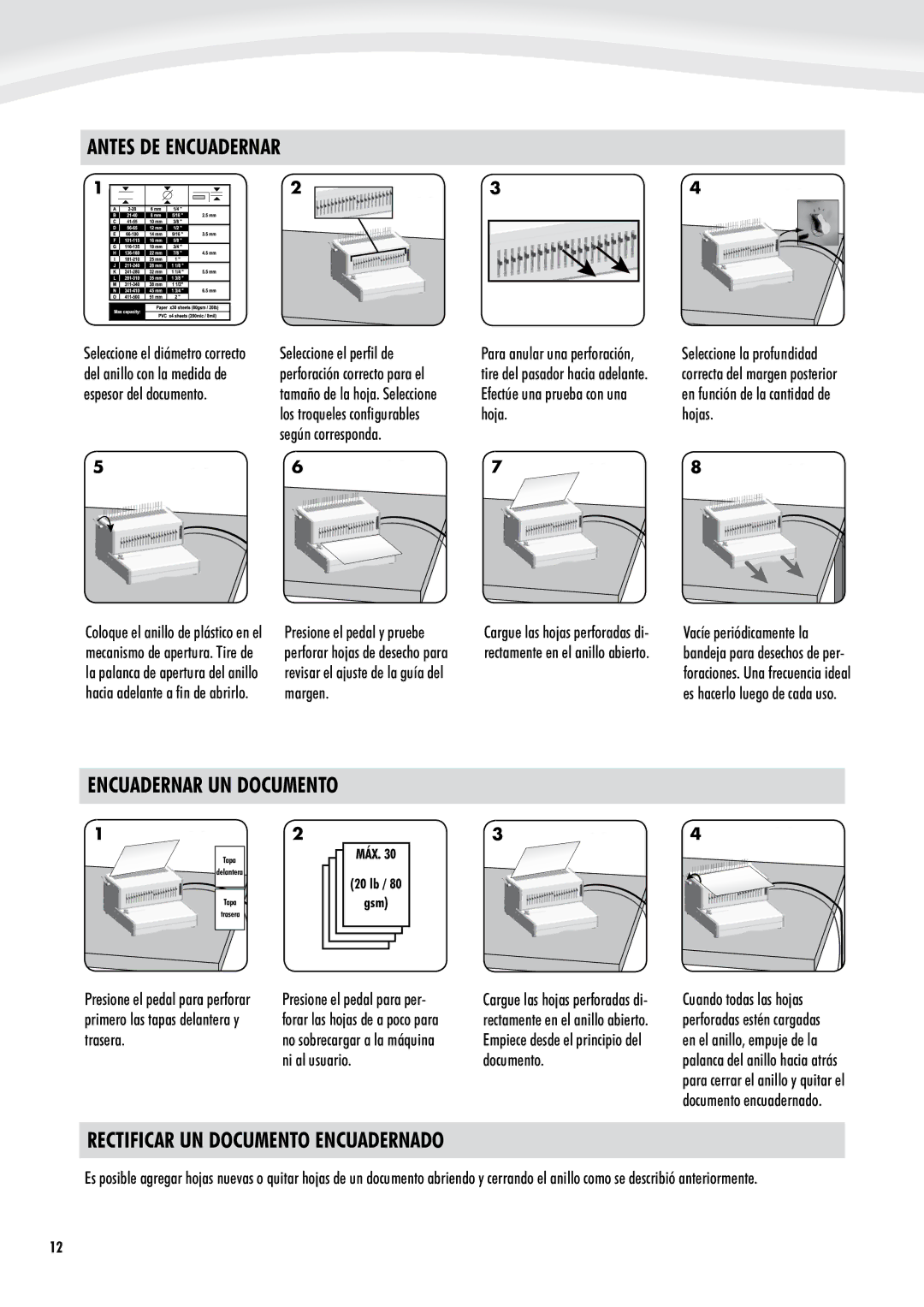 Fellowes 500 manual Antes DE Encuadernar, Encuadernar UN Documento, Rectificar UN Documento Encuadernado, Hoja Hojas 