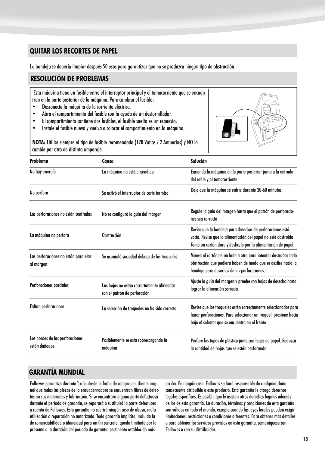 Fellowes 500 manual Quitar LOS Recortes DE Papel, Resolución DE Problemas, Garantía Mundial, Problema Causa Solución 