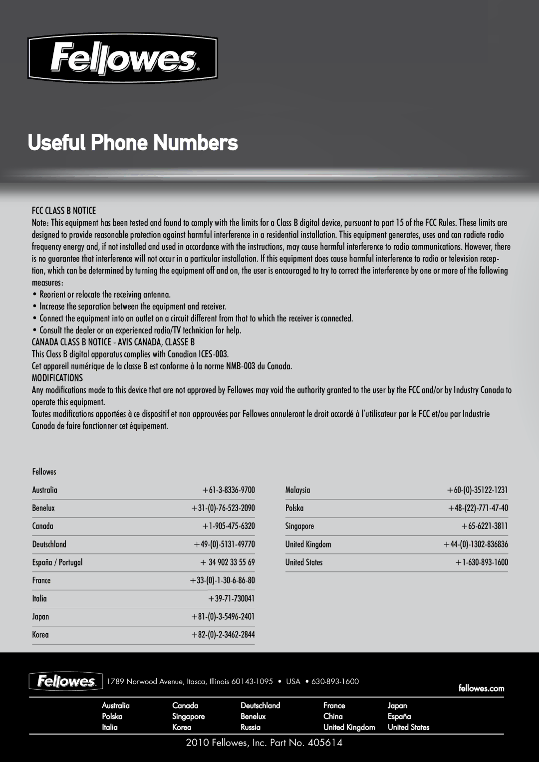 Fellowes 500 manual FCC Class B Notice 