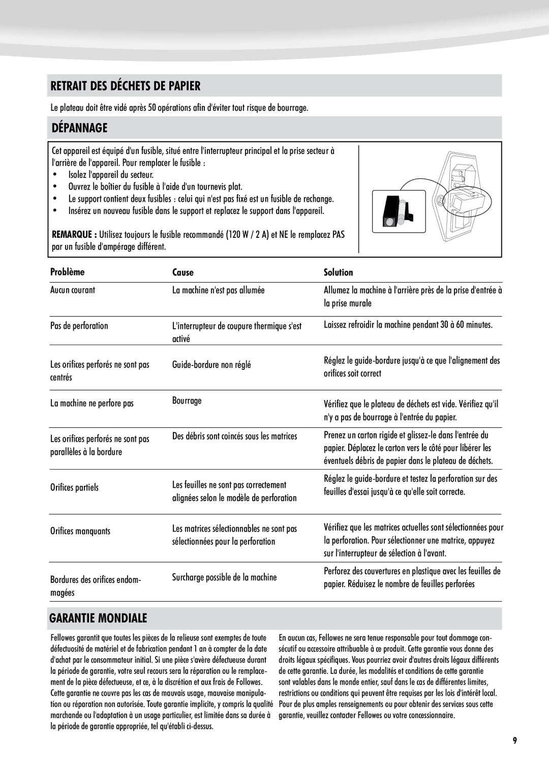 Fellowes 500 manual Retrait DES Déchets DE Papier, Dépannage, Garantie Mondiale, Problème Cause Solution 