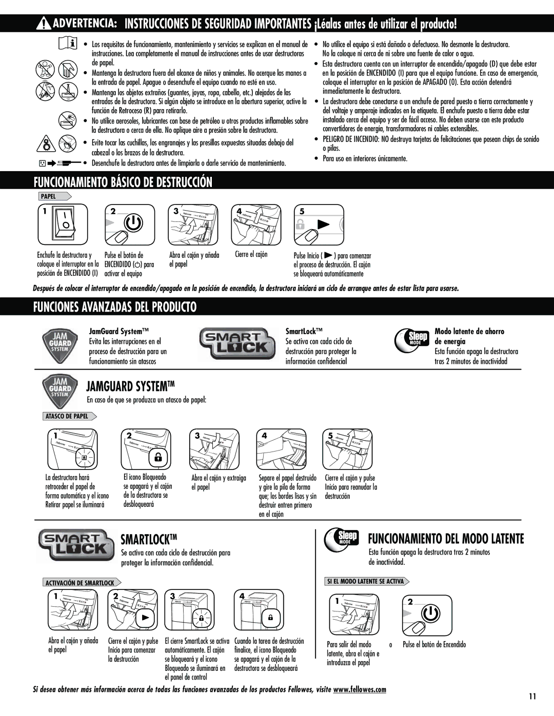 Fellowes 300C, 500C manual Funcionamiento Básico DE Destrucción, Funciones Avanzadas DEL Producto, De energía 