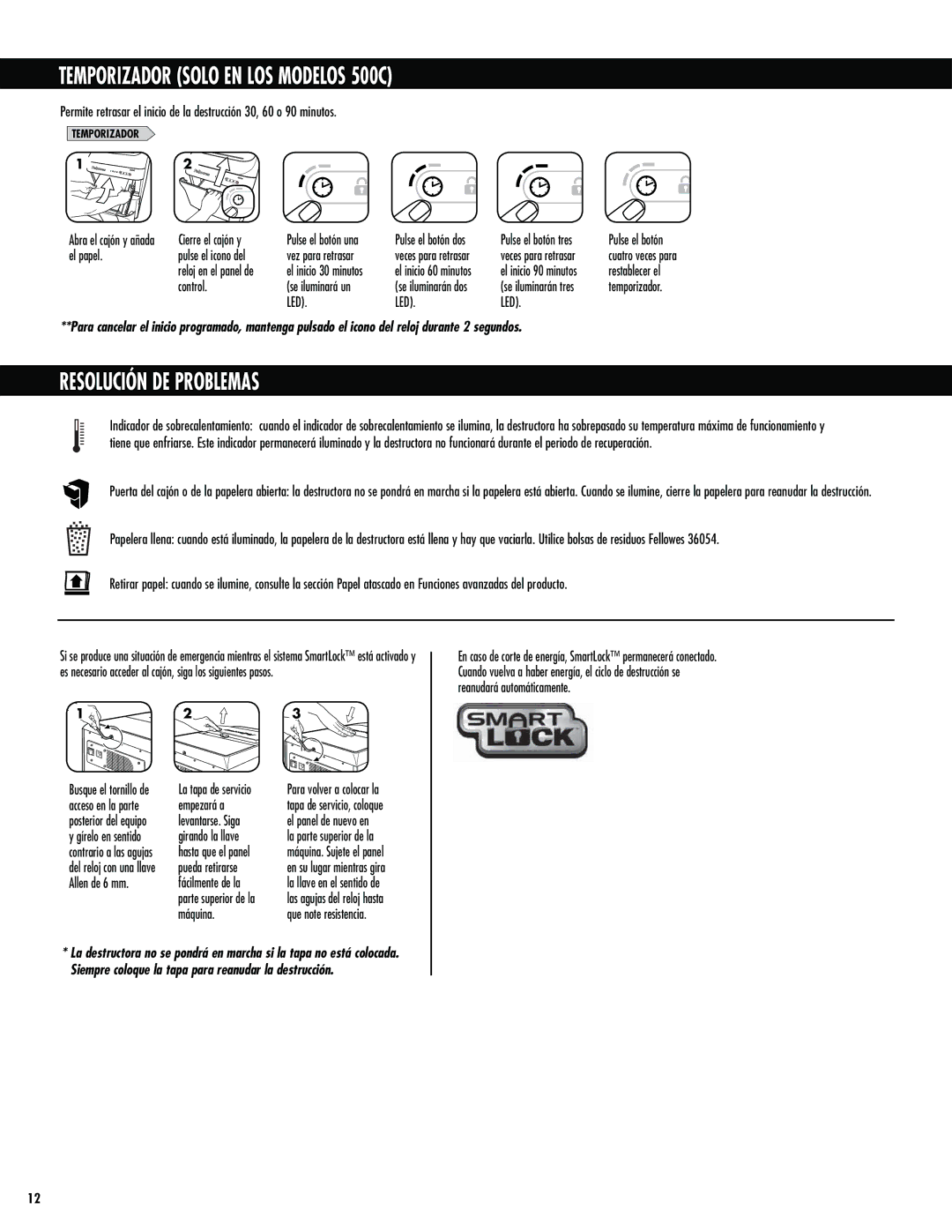 Fellowes 300C manual Temporizador Solo EN LOS Modelos 500C, Resolución DE Problemas, Led, Nèrvjob 