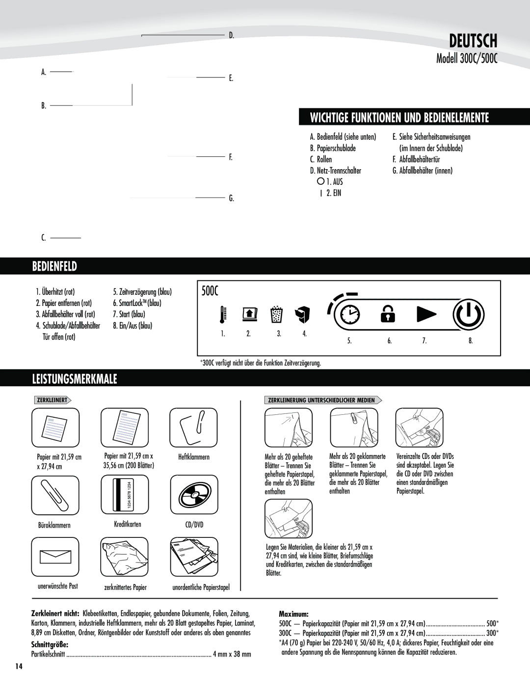 Fellowes 500C, 300C manual Wichtige Funktionen UND Bedienelemente, Bedienfeld, Leistungsmerkmale, Schnittgröße 