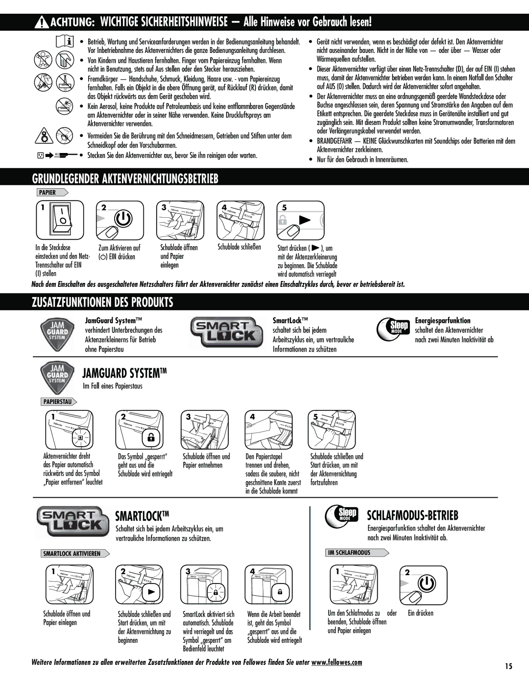 Fellowes 300C, 500C manual Grundlegender Aktenvernichtungsbetrieb, Zusatzfunktionen DES Produkts, 8ÊSNFRVFMMFOBVGTUFMMFO 