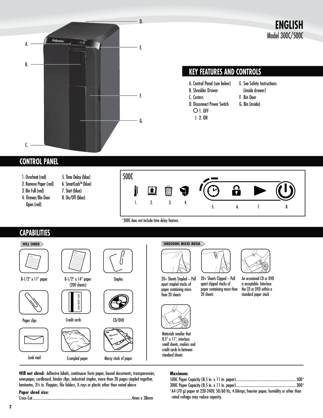 Fellowes 500C, 300C manual KEY Features and Controls, Control Panel, Capabilities, Paper shred size, Maximum 