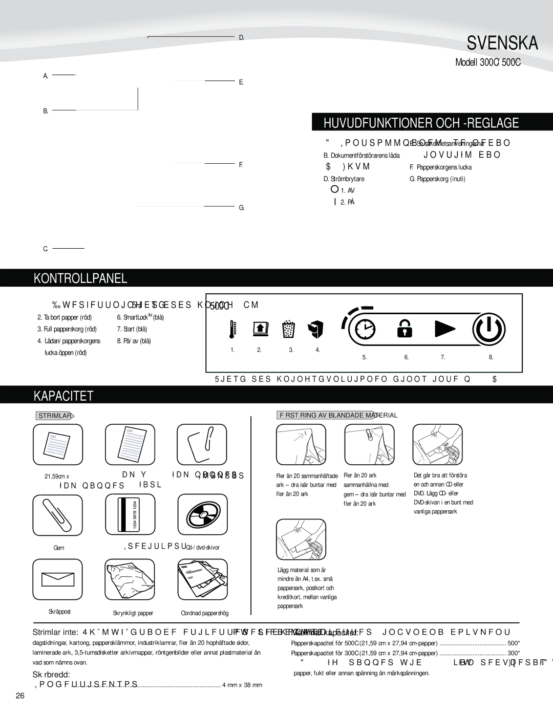 Fellowes 500C, 300C manual Kontrollpanel, Kapacitet, Skärbredd, Maximal kapacitet 