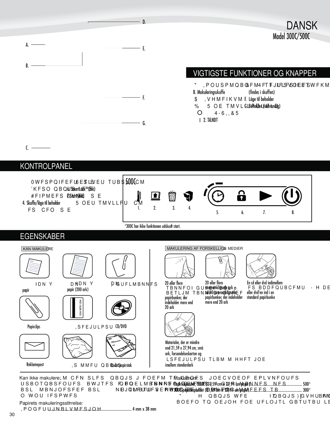 Fellowes 500C, 300C manual Kontrolpanel, Egenskaber, Papirets makuleringsstørrelse, Maksimum 