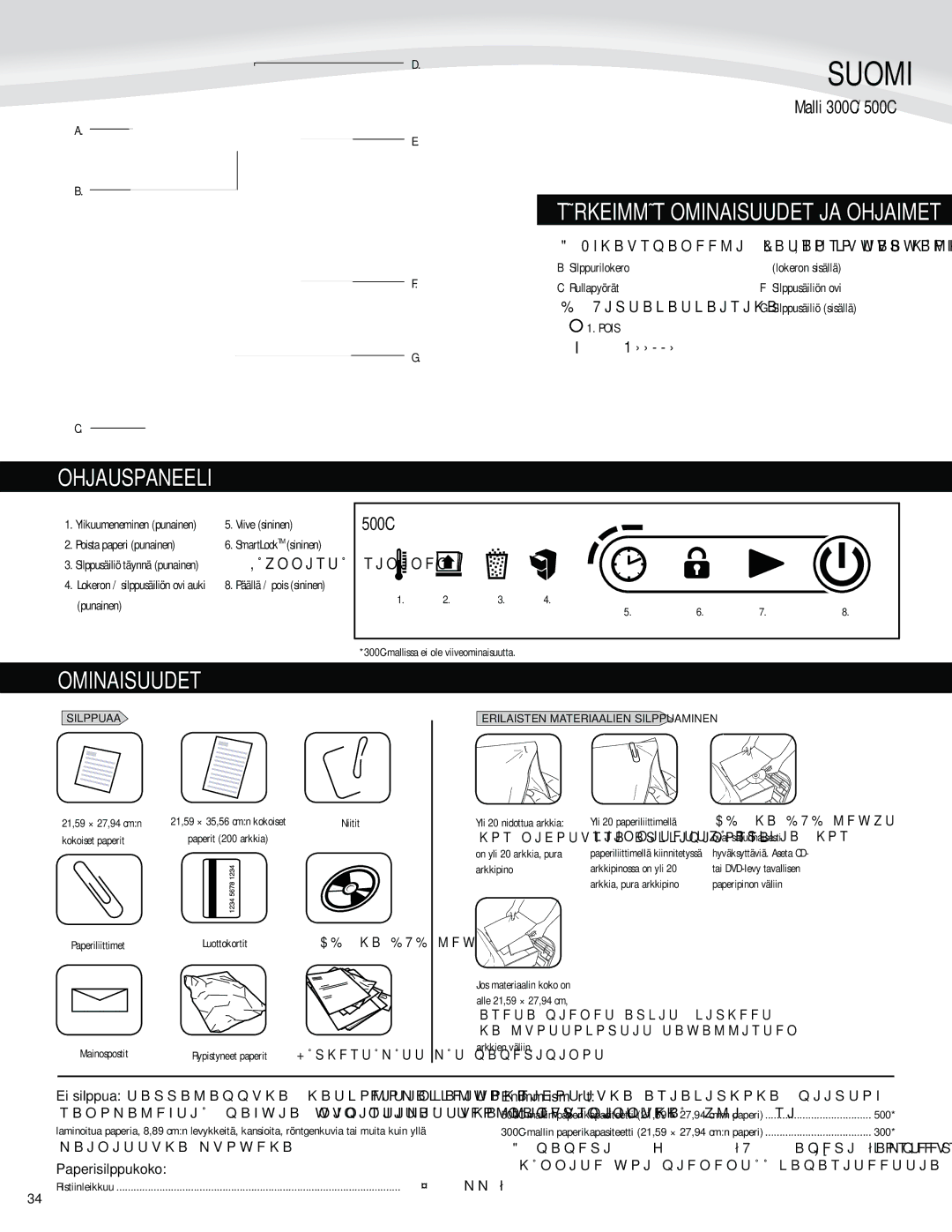 Fellowes 500C, 300C manual Tärkeimmät Ominaisuudet JA Ohjaimet, Ohjauspaneeli, Enimmäismäärät, Paperisilppukoko 