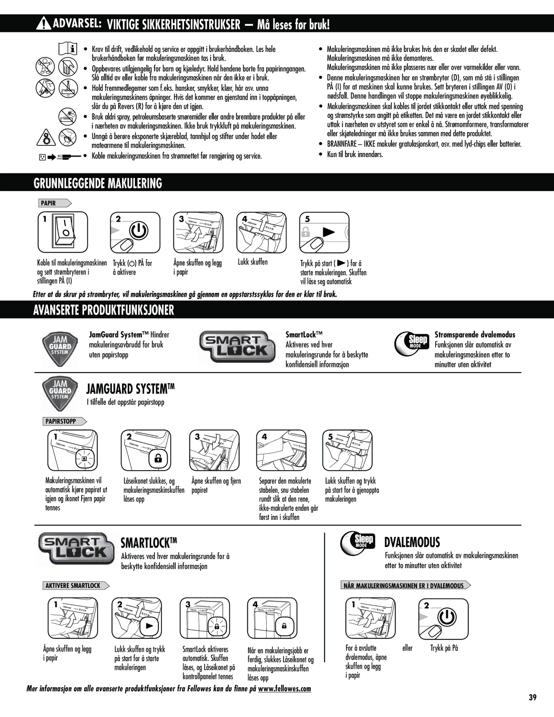 Fellowes 300C, 500C manual Grunnleggende Makulering, Avanserte Produktfunksjoner, JamGuard System Hindrer SmartLock 
