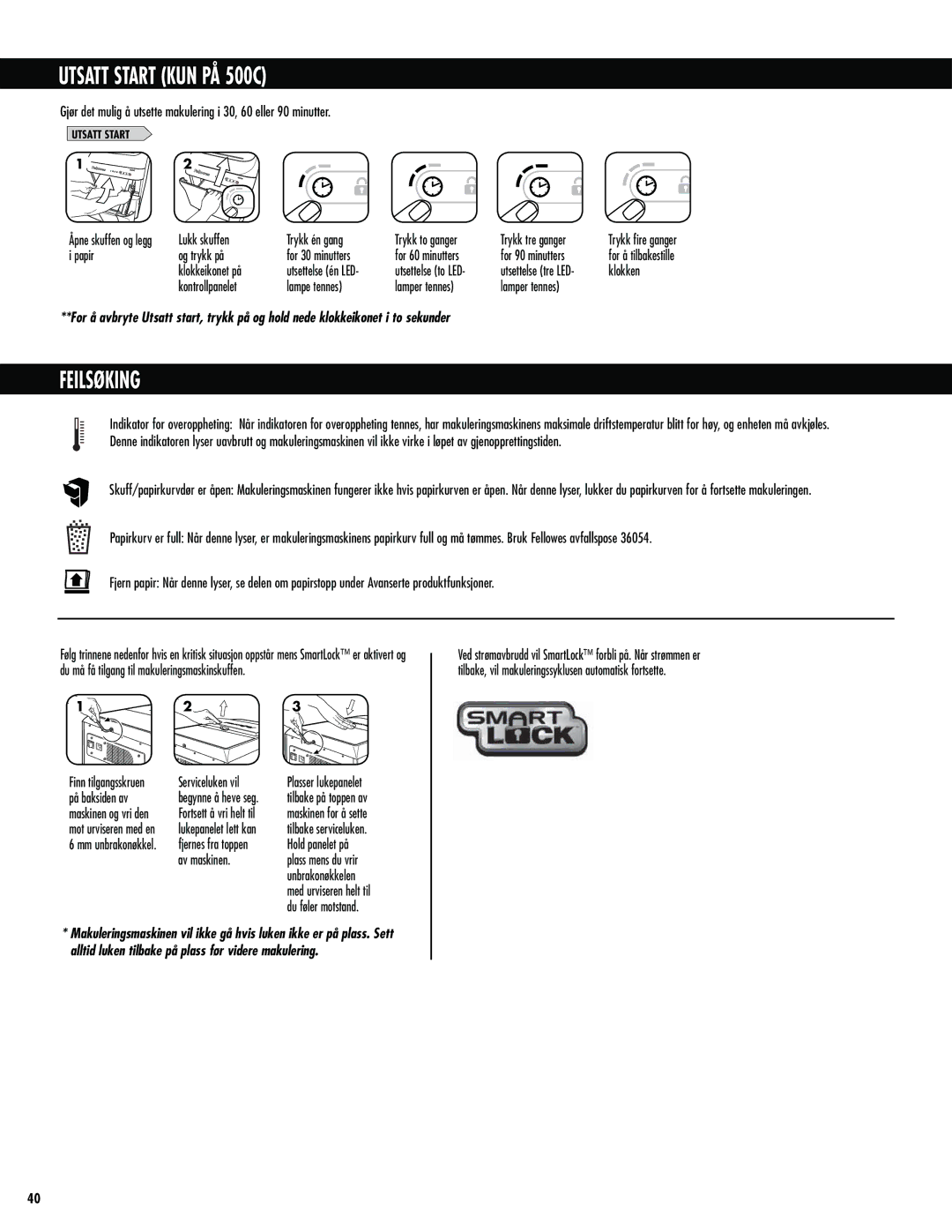 Fellowes 300C manual Utsatt Start KUN PÅ 500C, Feilsøking, EvG“MfsNputuboe 