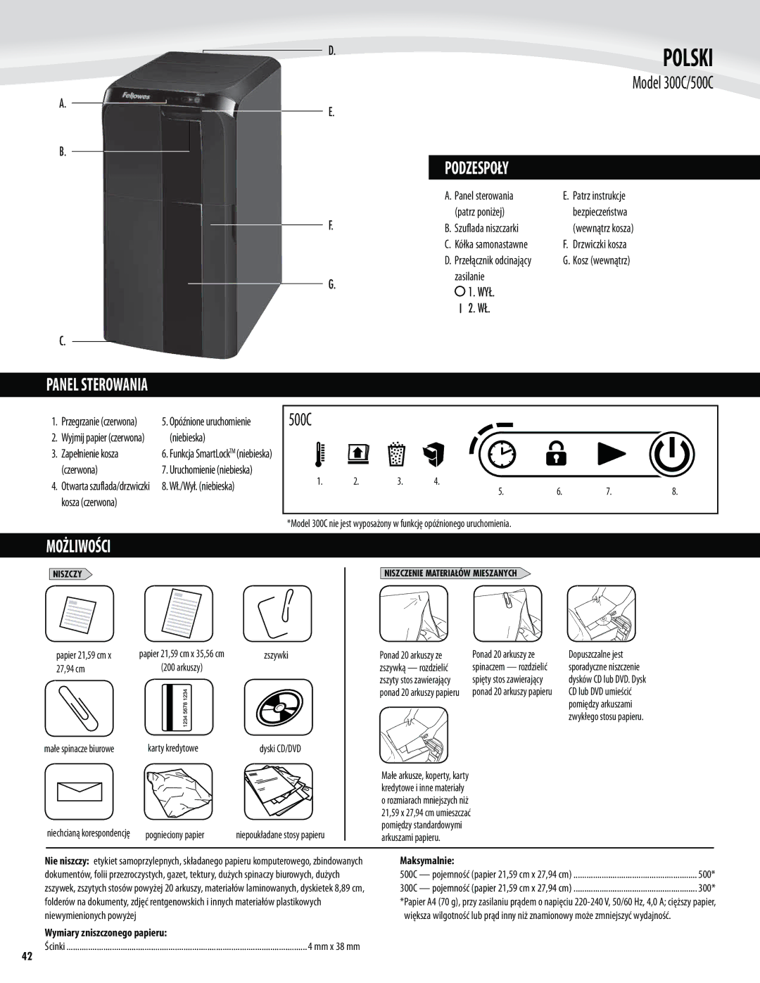 Fellowes 500C, 300C manual Podzespoły, Panel Sterowania, Możliwości, Wymiary zniszczonego papieru 