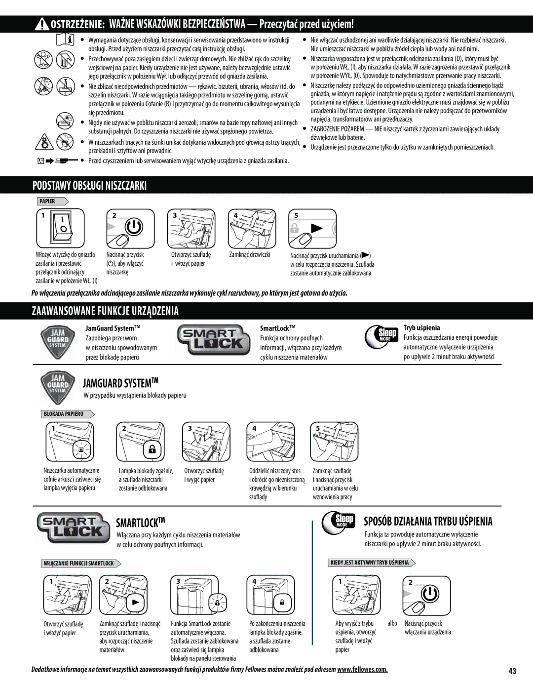 Fellowes 300C, 500C manual Podstawy Obsługi Niszczarki, Zaawansowane Funkcje Urządzenia, Tryb uśpienia 