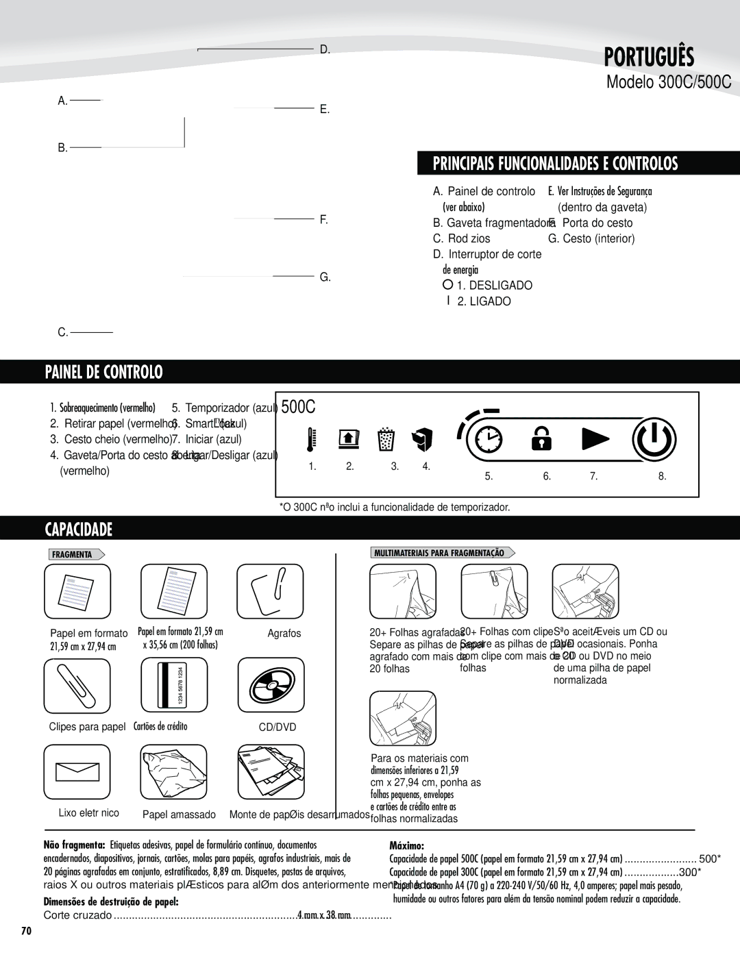 Fellowes 500C, 300C manual Painel DE Controlo, Capacidade,  7FS*OTUSVÎÜFTEF4FHVSBOÎB, $BsuüftEfDsïejup 