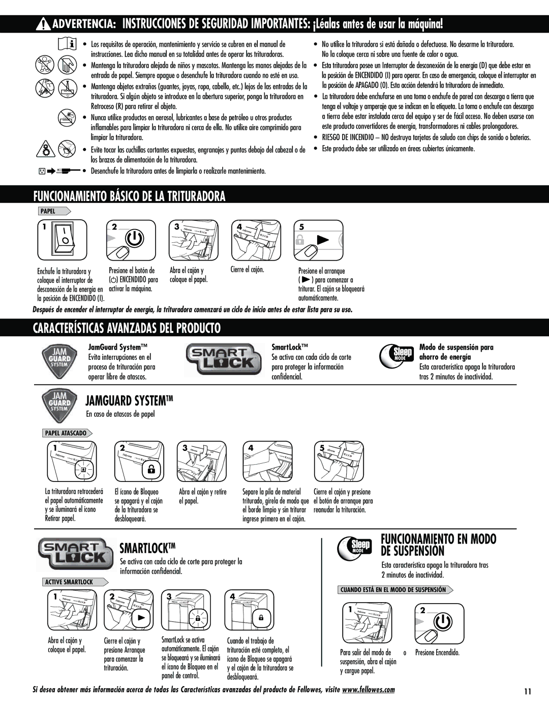 Fellowes 300C, 500C Funcionamiento Básico DE LA Trituradora, Características Avanzadas DEL Producto, 1SFTJPOFFMBSSBORVF 