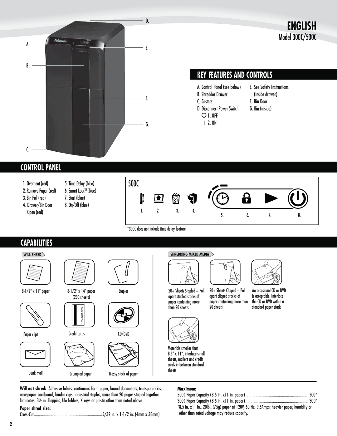 Fellowes 500C, 300C manual KEY Features and Controls, Control Panel, Capabilities, Paper shred size, Maximum 