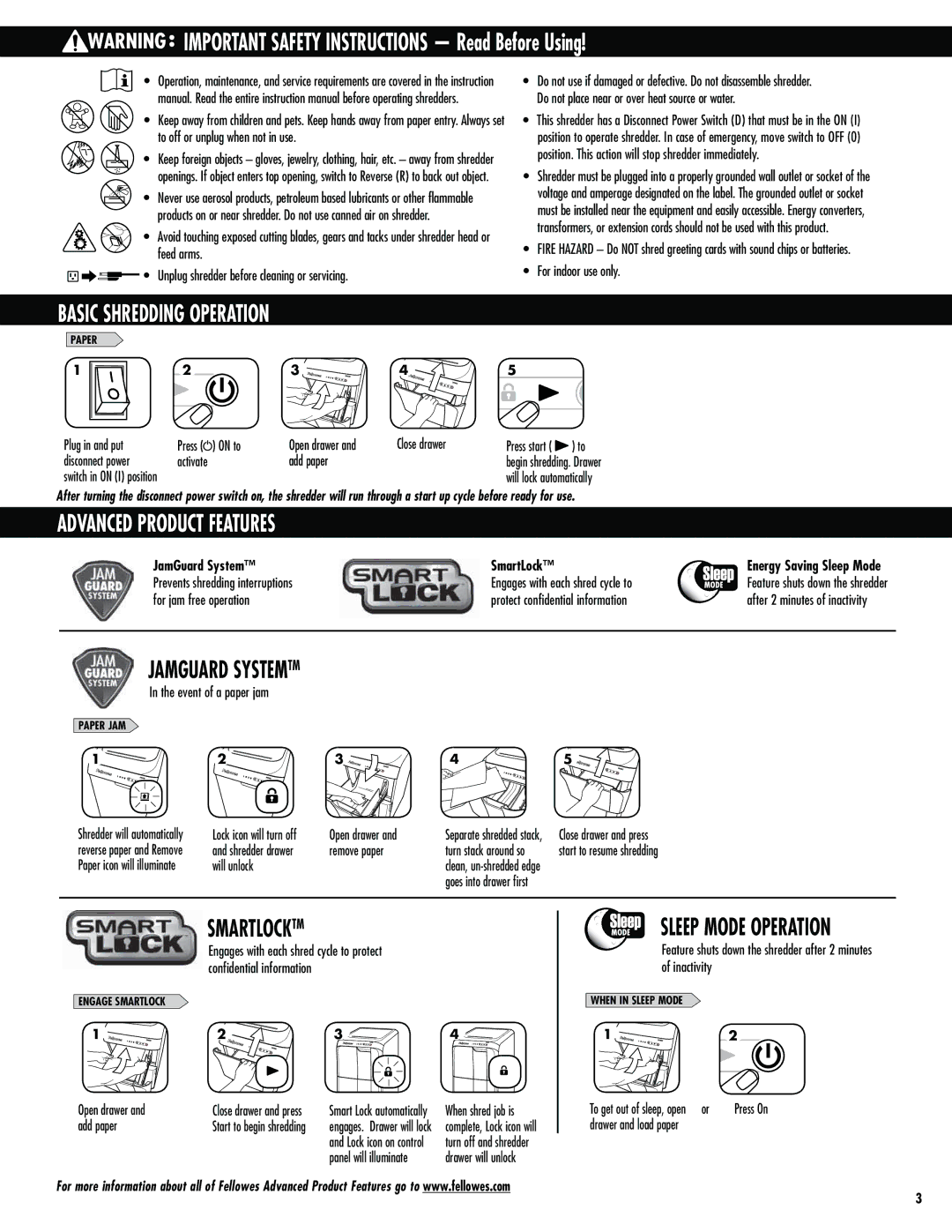 Fellowes 300C, 500C manual Basic Shredding Operation, Advanced Product Features, JamGuard System SmartLock 