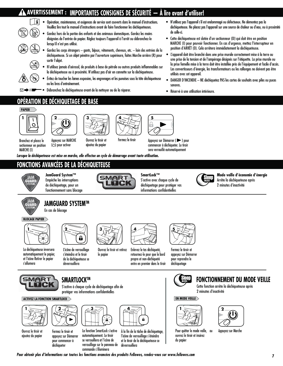 Fellowes 300C, 500C manual Opération DE Déchiquetage DE Base, Fonctions Avancées DE LA Déchiqueteuse, Marche, Eïdijrvfufs 