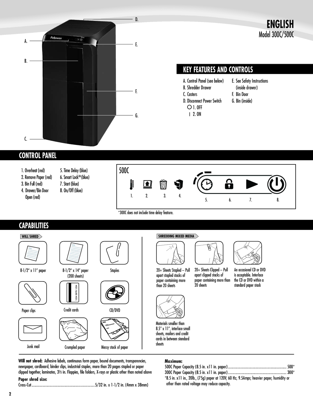 Fellowes 500C, 300C manual KEY Features and Controls, Control Panel, Capabilities, Paper shred size, Maximum 