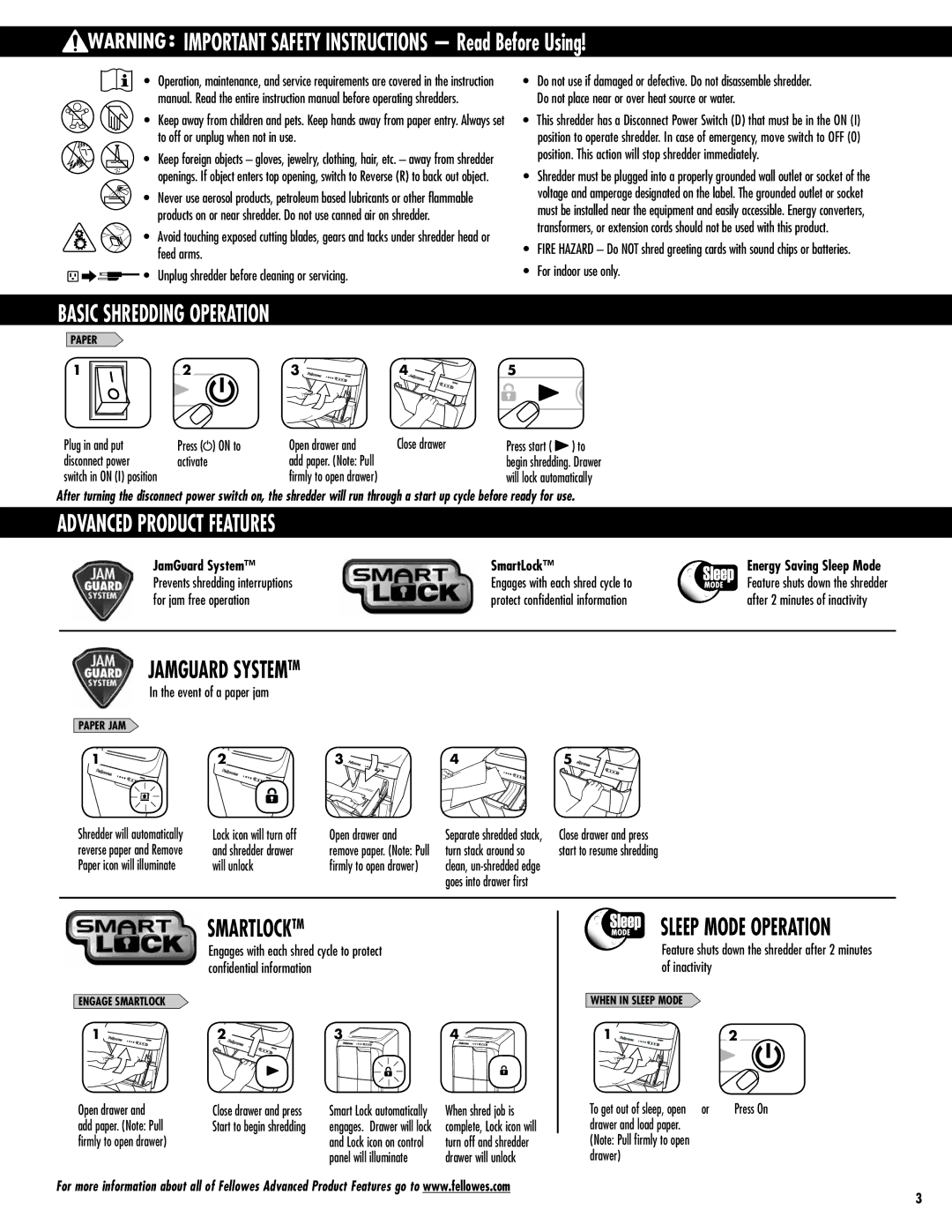 Fellowes 300C, 500C manual Basic Shredding Operation, Advanced Product Features, Jamguard Systemtm, Smartlocktm 