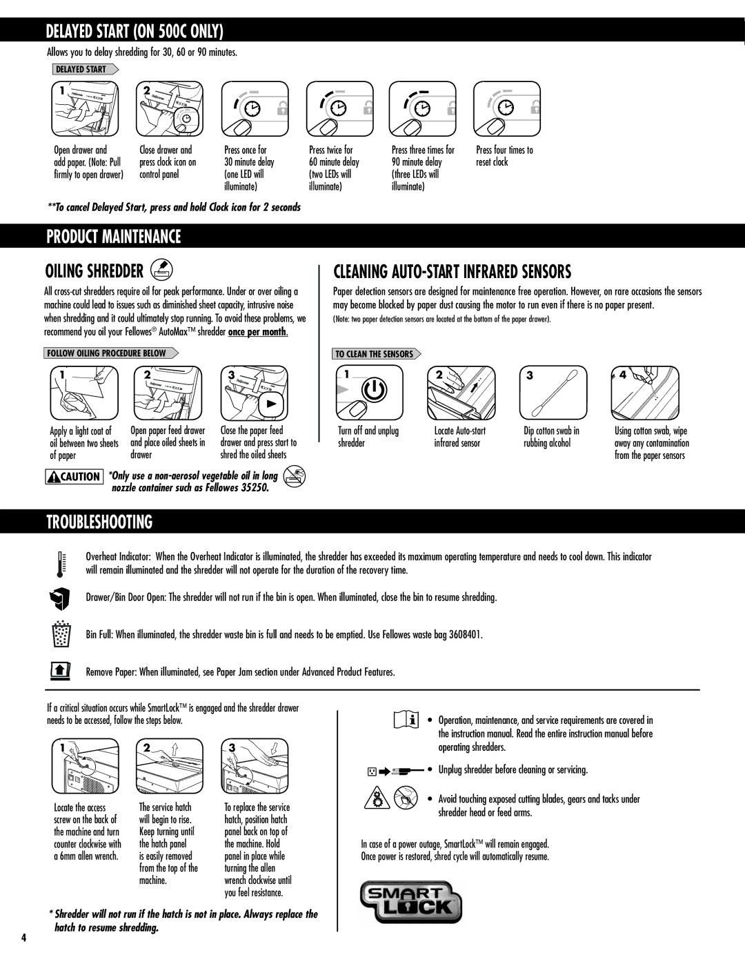 Fellowes 300C manual Delayed Start on 500C only, Product Maintenance, Oiling Shredder, Troubleshooting 