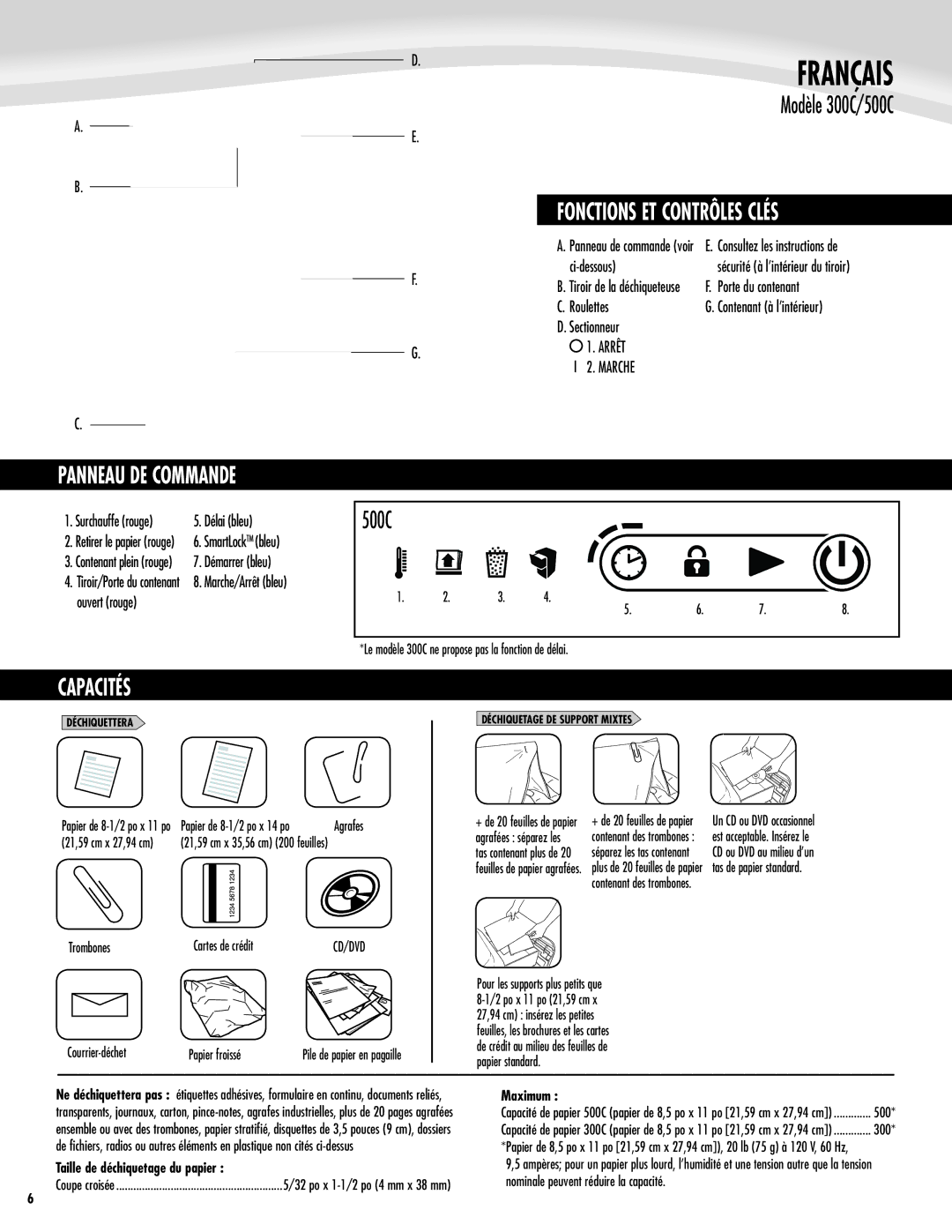 Fellowes 500C, 300C manual Fonctions ET Contrôles Clés, Panneau DE Commande, Capacités, Taille de déchiquetage du papier 