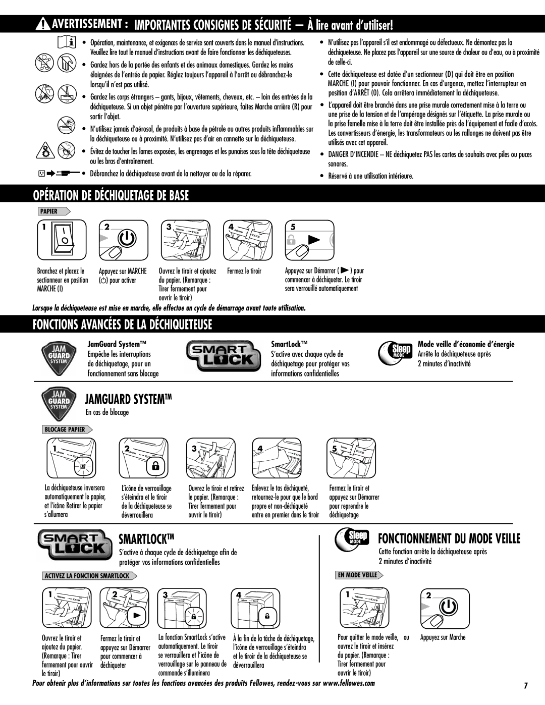 Fellowes 300C, 500C manual Opération DE Déchiquetage DE Base, Fonctions Avancées DE LA Déchiqueteuse, Marche, Eïdijrvfufs 