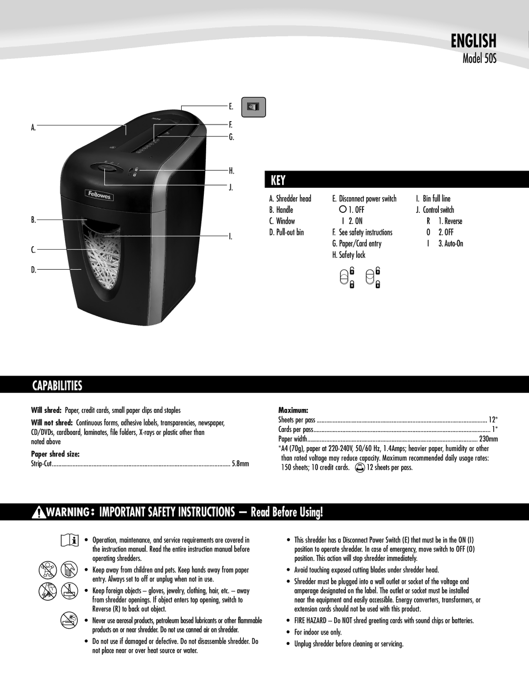 Fellowes 50s manual Key, Capabilities 