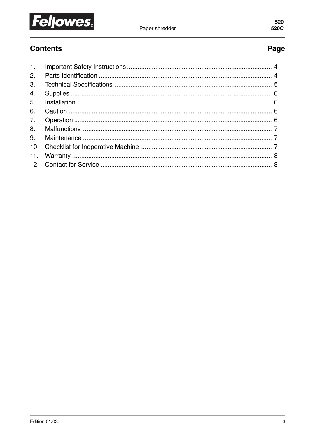 Fellowes 520C manual Contents 