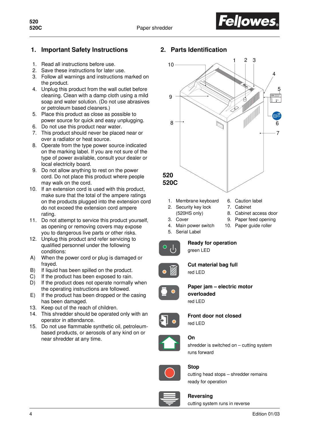 Fellowes manual Important Safety Instructions, Parts Identification 520 520C 