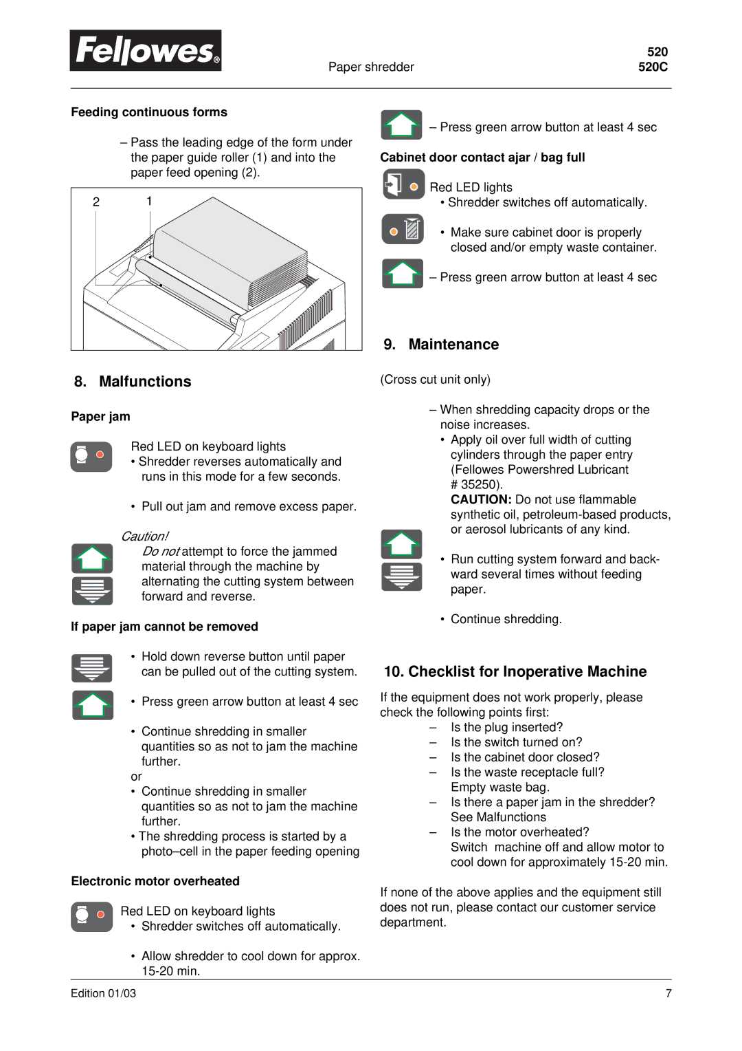 Fellowes 520C manual Maintenance Malfunctions, Checklist for Inoperative Machine 