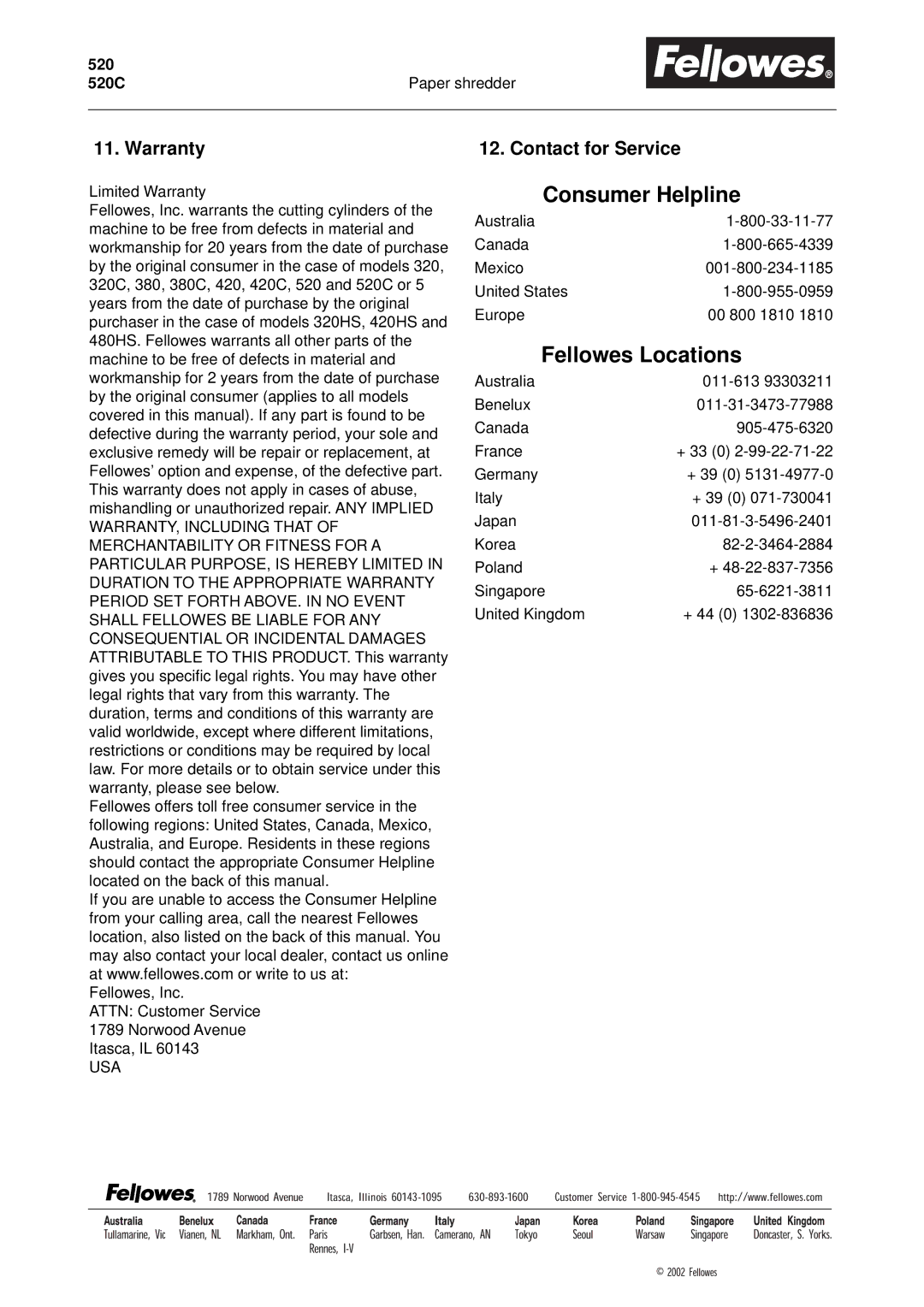 Fellowes 520C manual Warranty, Contact for Service 