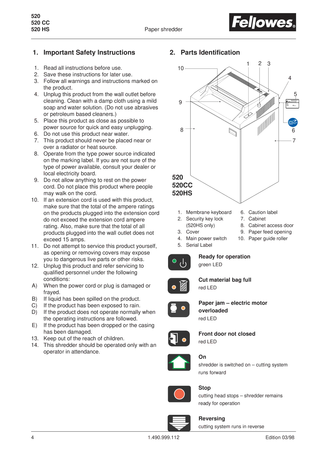 Fellowes operating instructions Important Safety Instructions, Parts Identification 520 520CC 520HS 