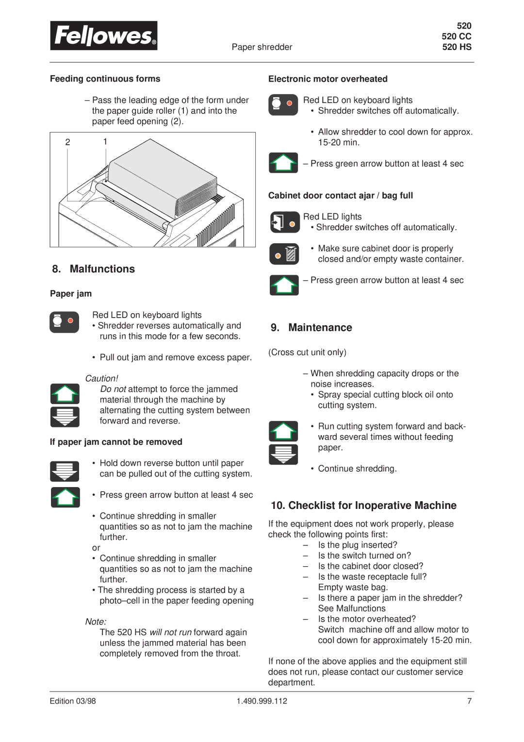 Fellowes 520CC, 520HS operating instructions Malfunctions, Maintenance, Checklist for Inoperative Machine 