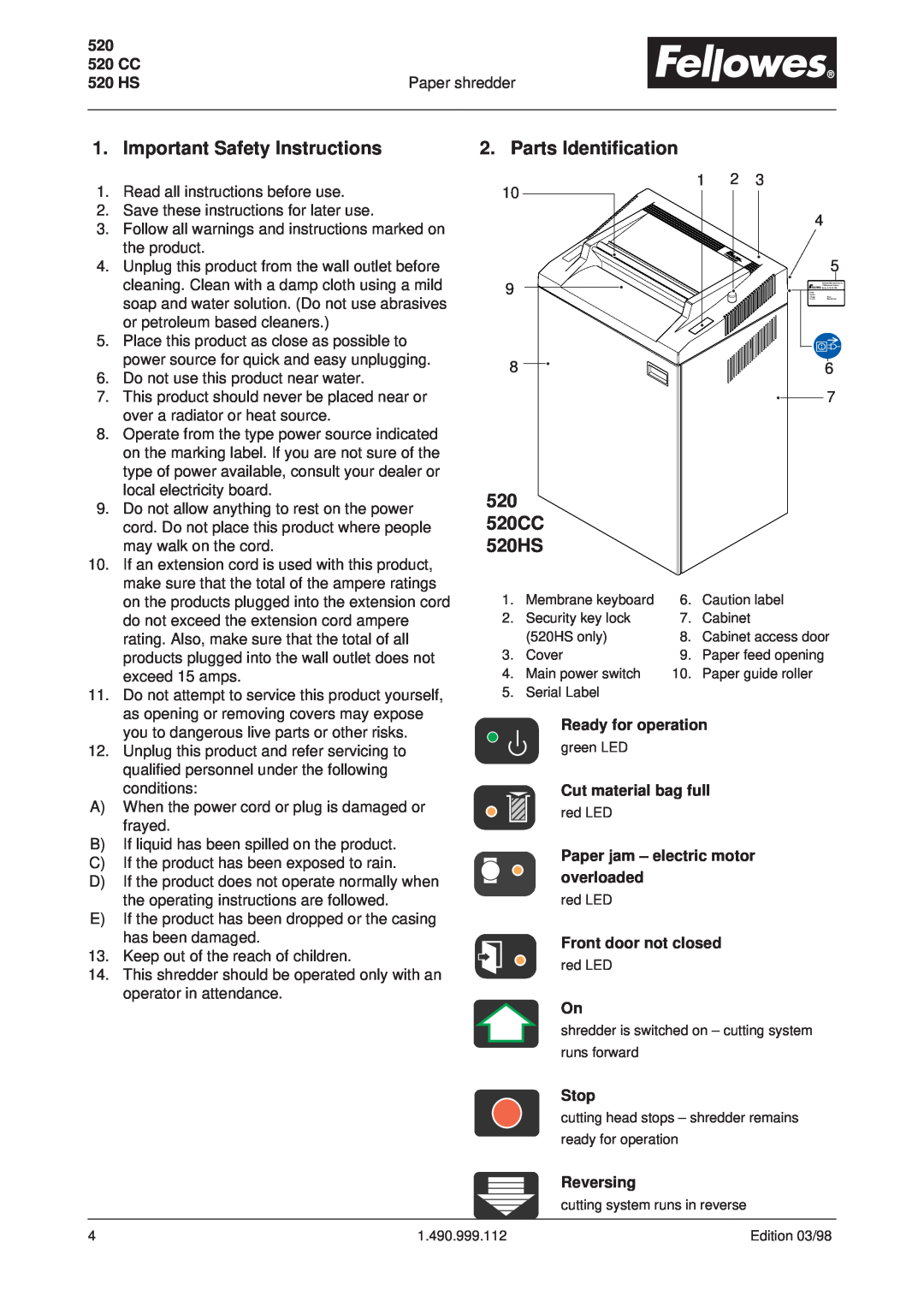 Fellowes operating instructions Important Safety Instructions, Parts Identification, 520 520CC 520HS 