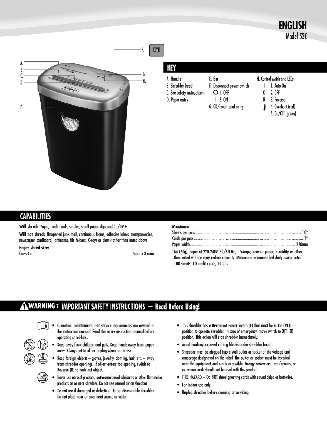 Fellowes 53C manual Capabilities, Key 