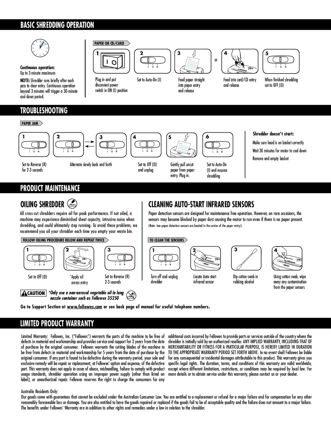 Fellowes 53C manual Basic Shredding Operation, Troubleshooting, Product Maintenance, Limited Product Warranty 