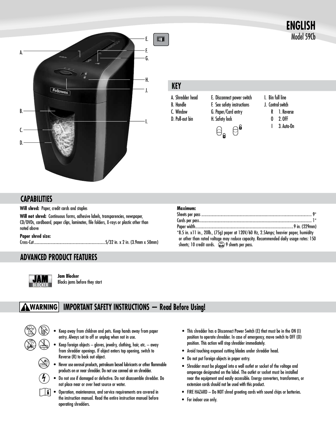 Fellowes 59cb manual Capabilities, Key 