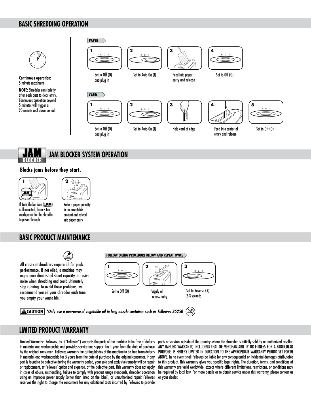 Fellowes 59cb Basic Shredding Operation, JAM Blocker System Operation, Basic Product Maintenance, Limited Product Warranty 
