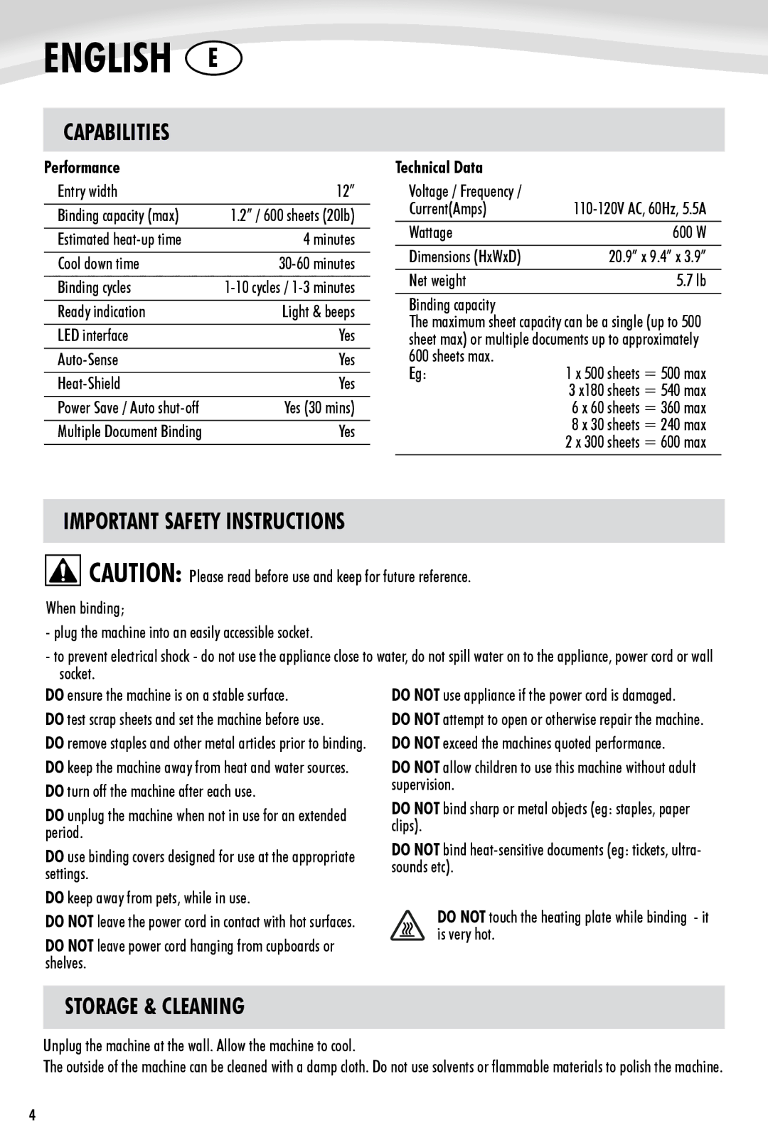 Fellowes 60 manual Important Safety Instructions, Storage & Cleaning, Performance, Technical Data 