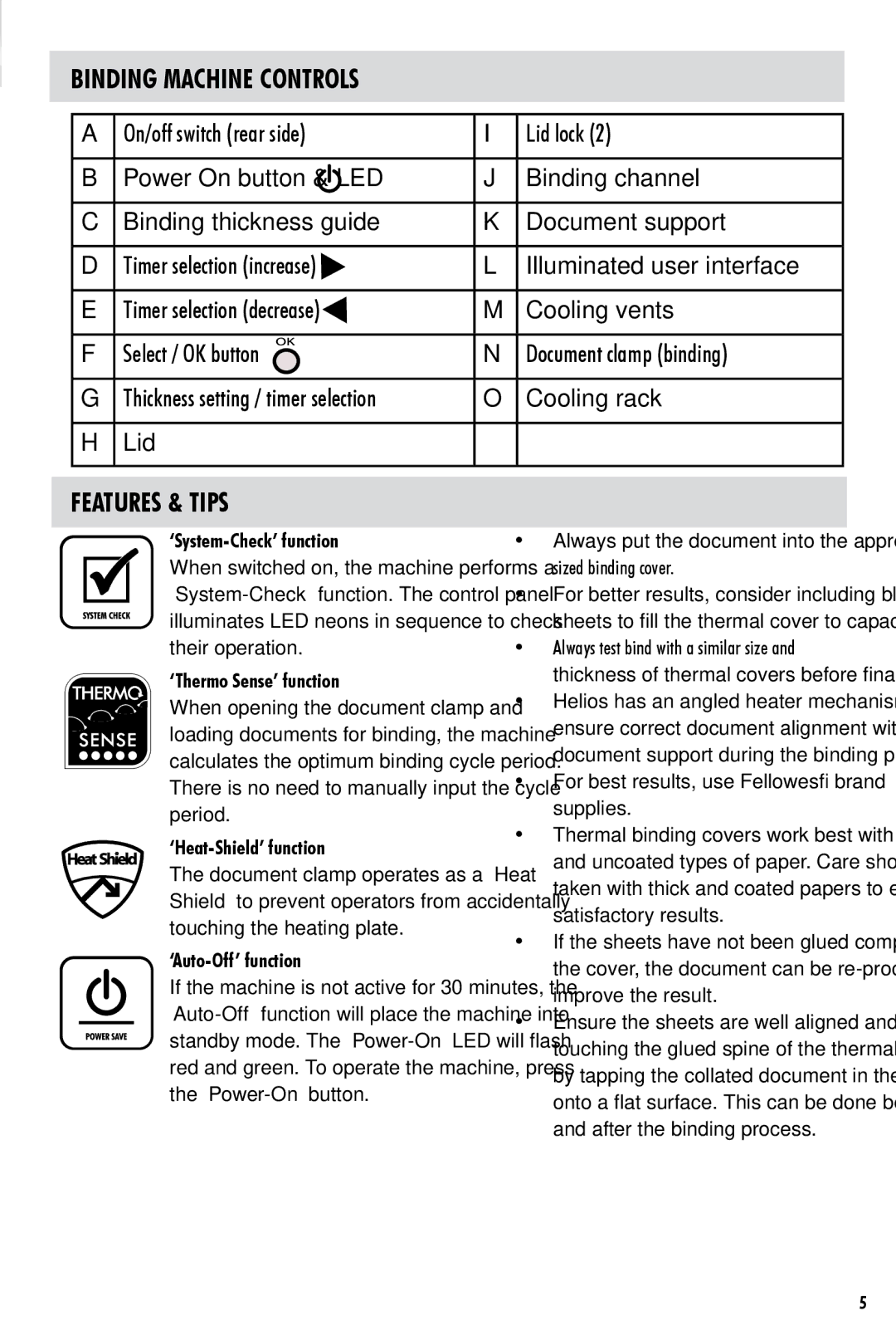 Fellowes 60 manual Binding Machine Controls, Features & Tips 