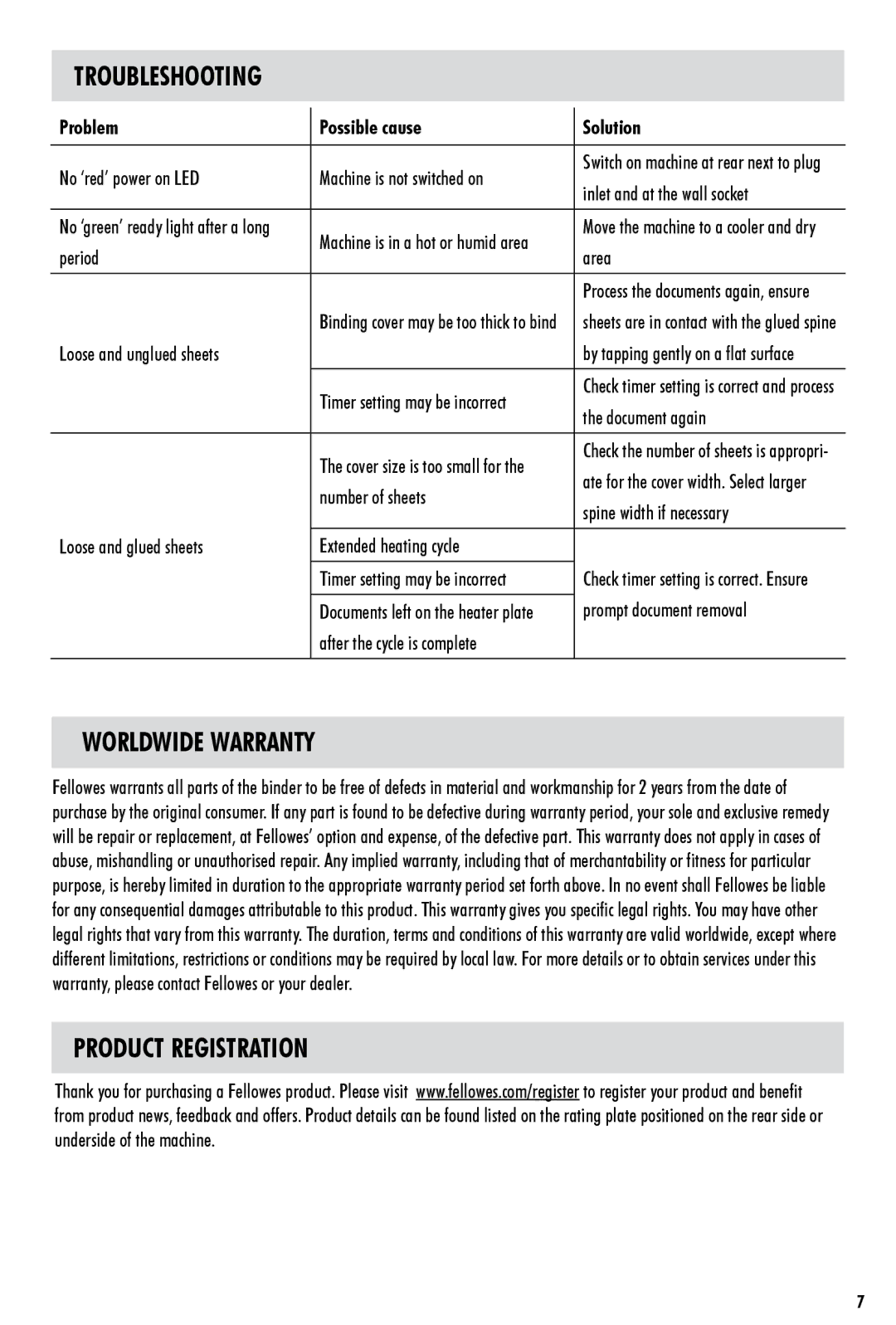Fellowes 60 manual Troubleshooting, Worldwide Warranty, Product Registration, Problem Possible cause Solution 